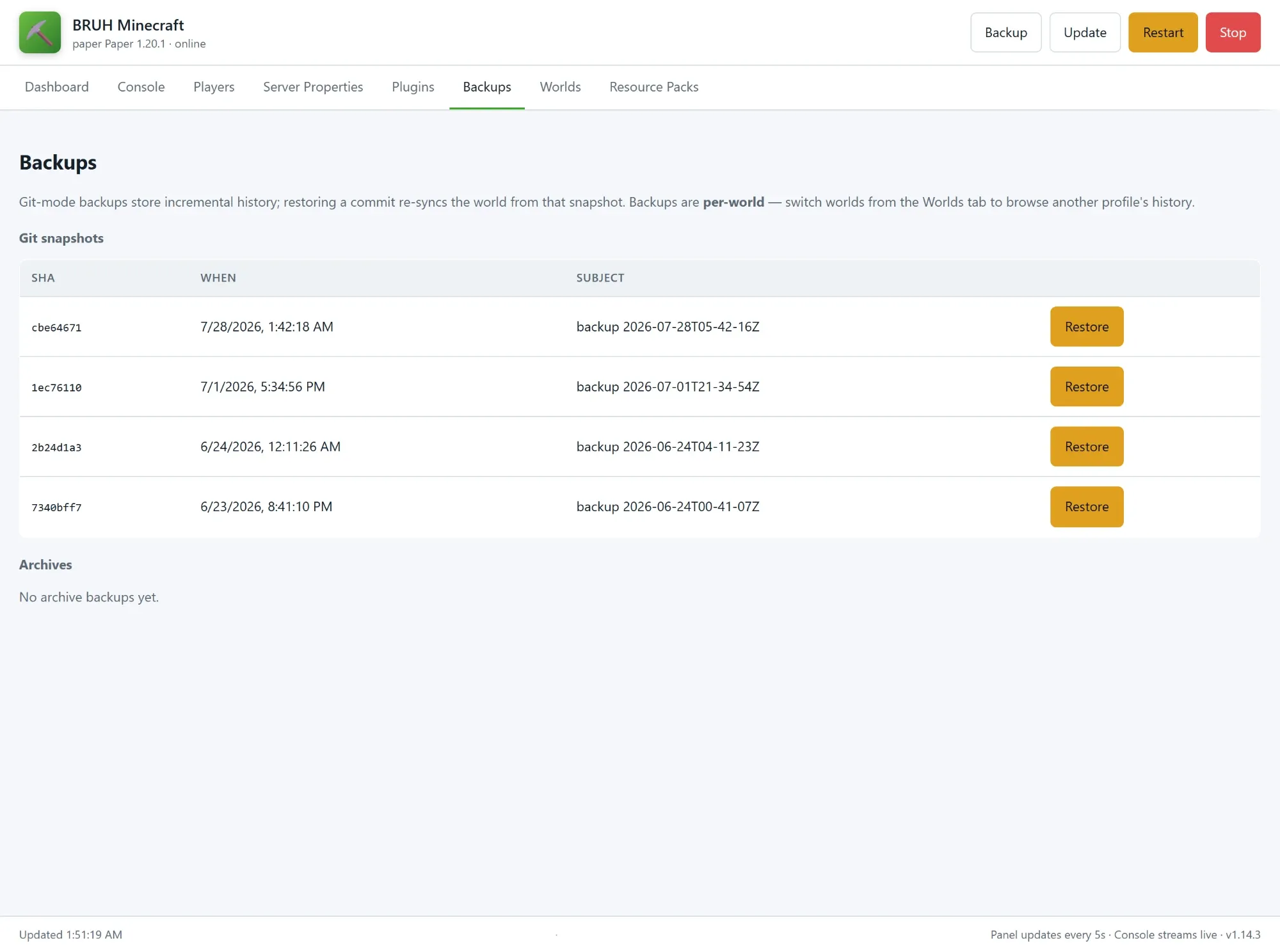 The panel’s Backups tab: a list of git snapshots with SHA, date, and subject, each with a one-click Restore button