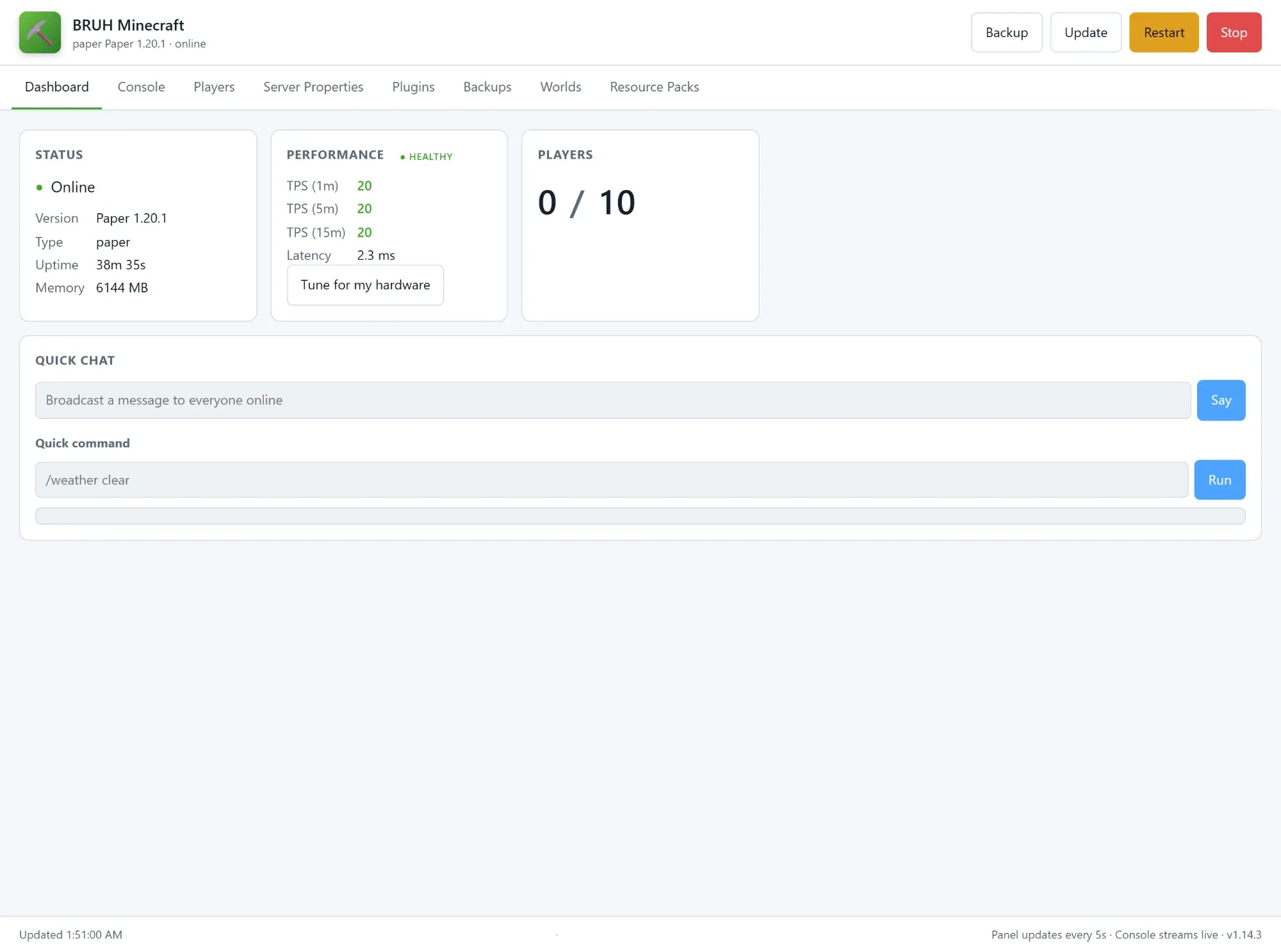 The BRUH Minecraft management panel Dashboard tab showing server status, uptime, memory, TPS, and online players