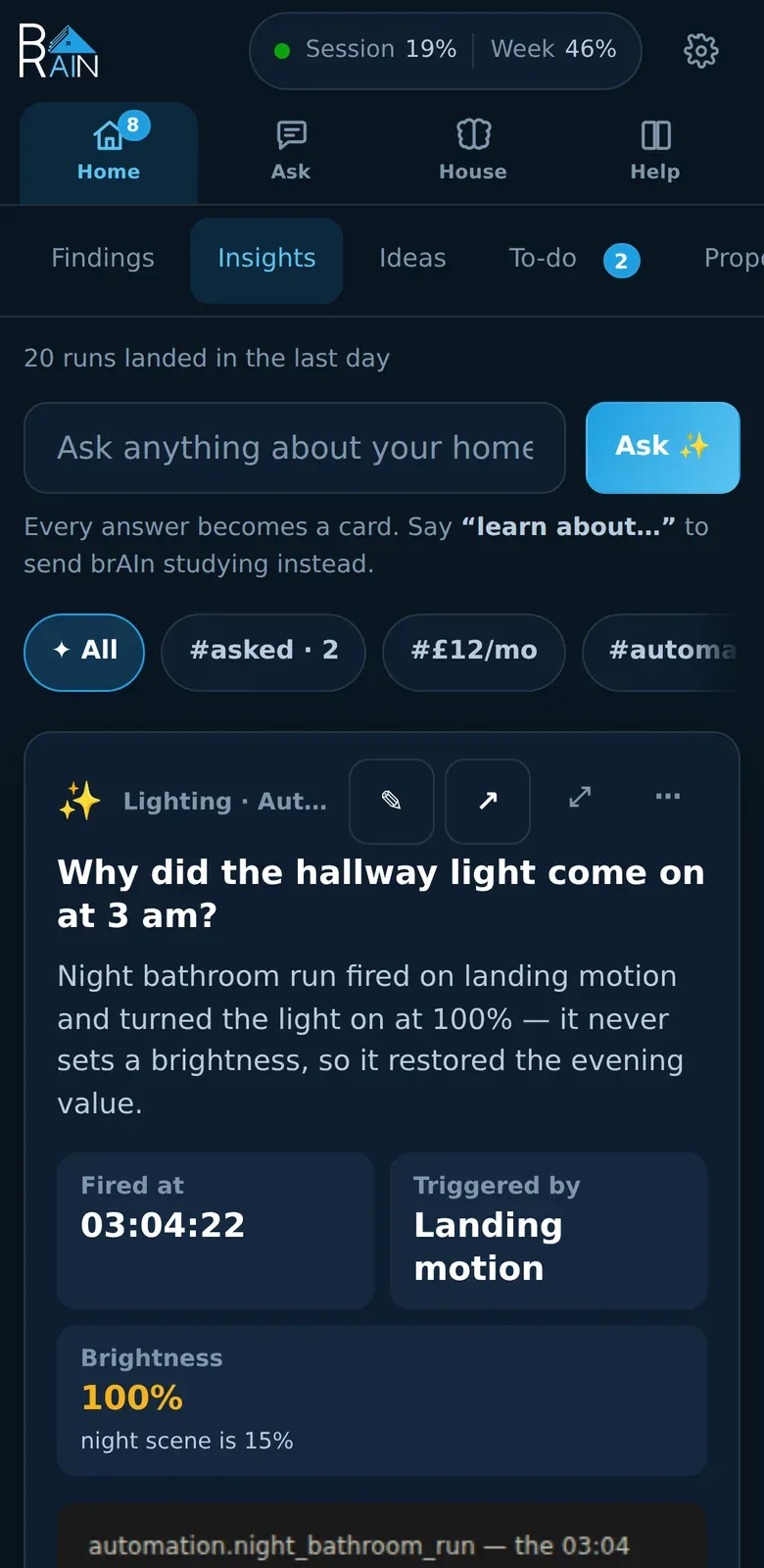 The brAIn panel on a phone in dark mode: the usage pill and settings on top, the four tabs named beneath their icons, the Home panes on a strip below, and an insight card whose title has a row of its own under its buttons