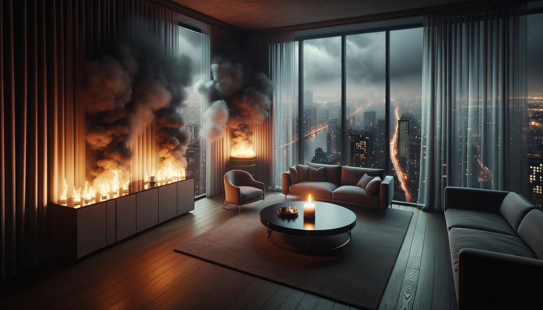 AI render of a living room on fire, curtains and sideboard alight, one small candle burning on the coffee table